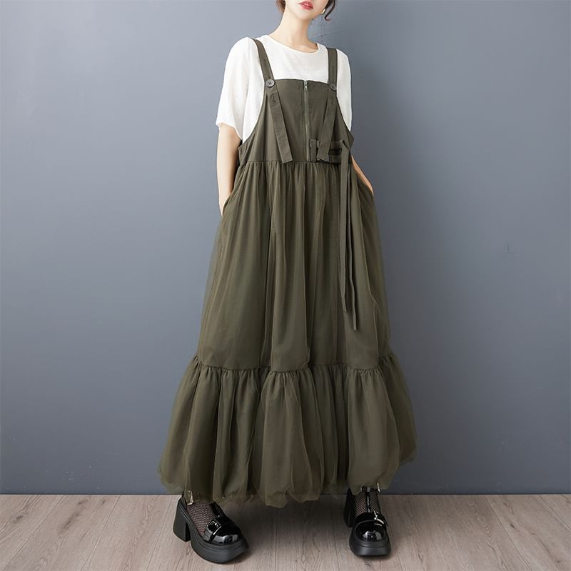 Ruched Plain Maxi Pinafore Dress