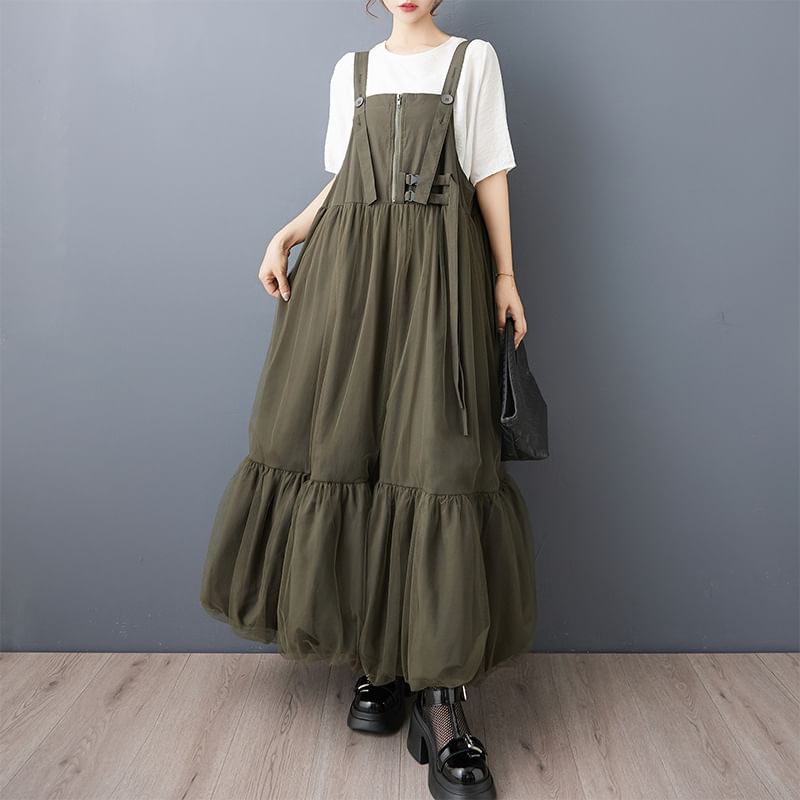 Ruched Plain Maxi Pinafore Dress