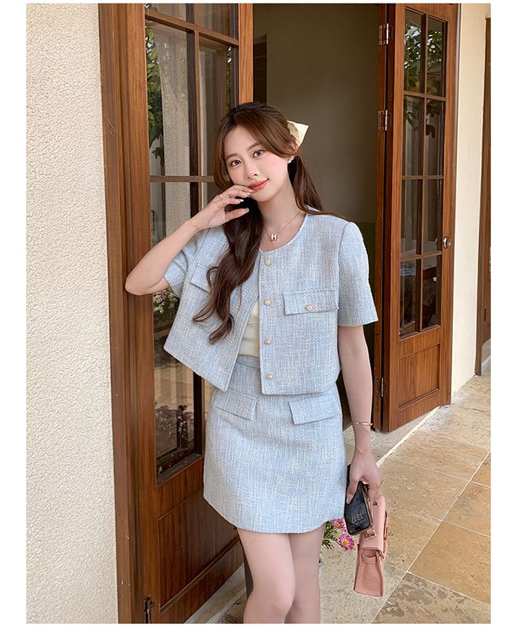 Set: Short-Sleeve Tweed Button-Up Jacket + High Waist Mini A-Line Skirt