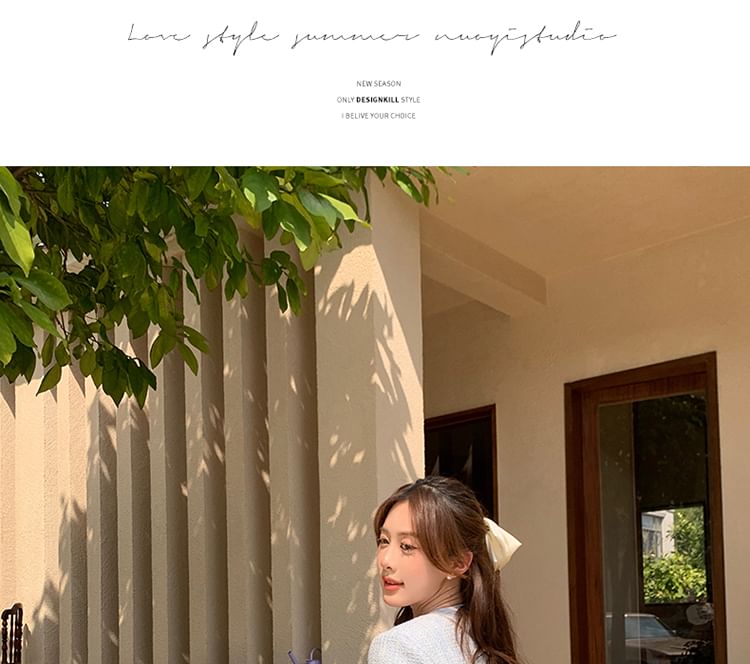 Set: Short-Sleeve Tweed Button-Up Jacket + High Waist Mini A-Line Skirt