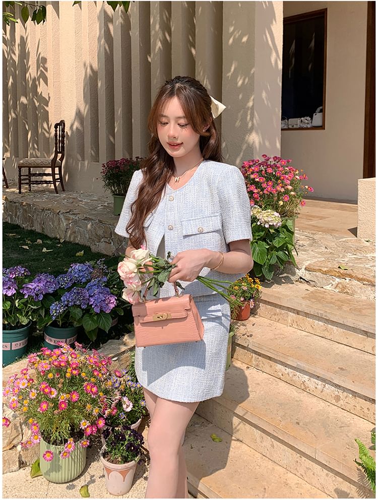 Set: Short-Sleeve Tweed Button-Up Jacket + High Waist Mini A-Line Skirt