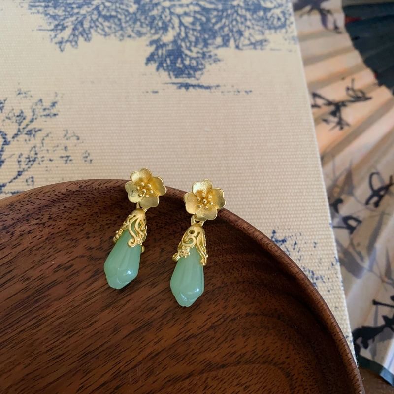 Faux Earring Jade Floral Drop