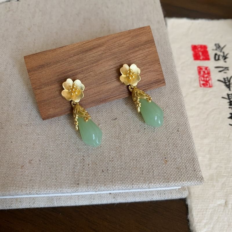 Faux Earring Jade Floral Drop