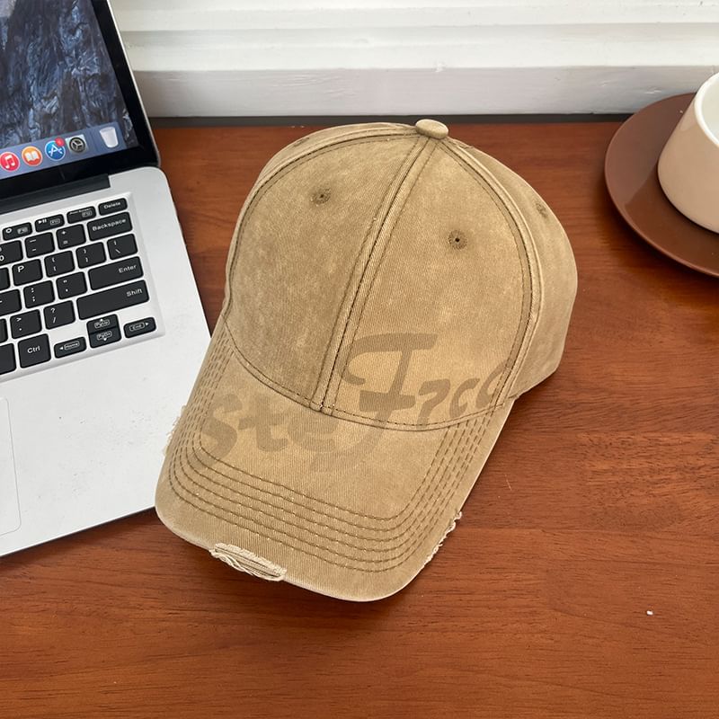 Lettering Print Washed Distressed Baseball Cap