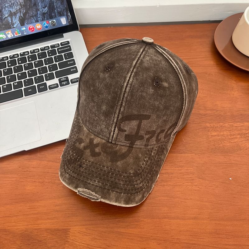 Lettering Print Washed Distressed Baseball Cap