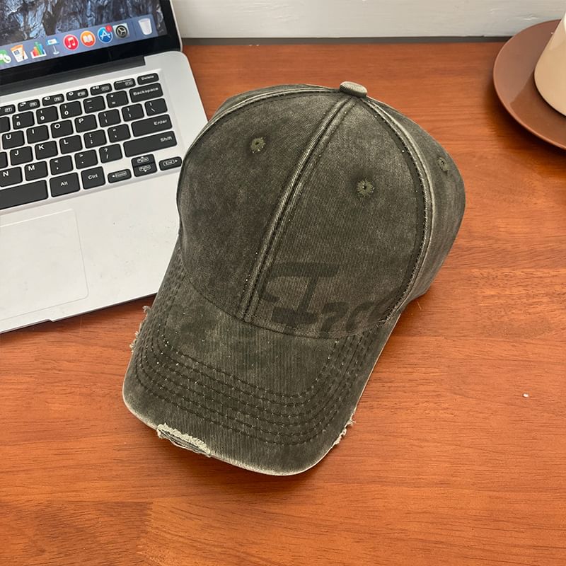 Lettering Print Washed Distressed Baseball Cap