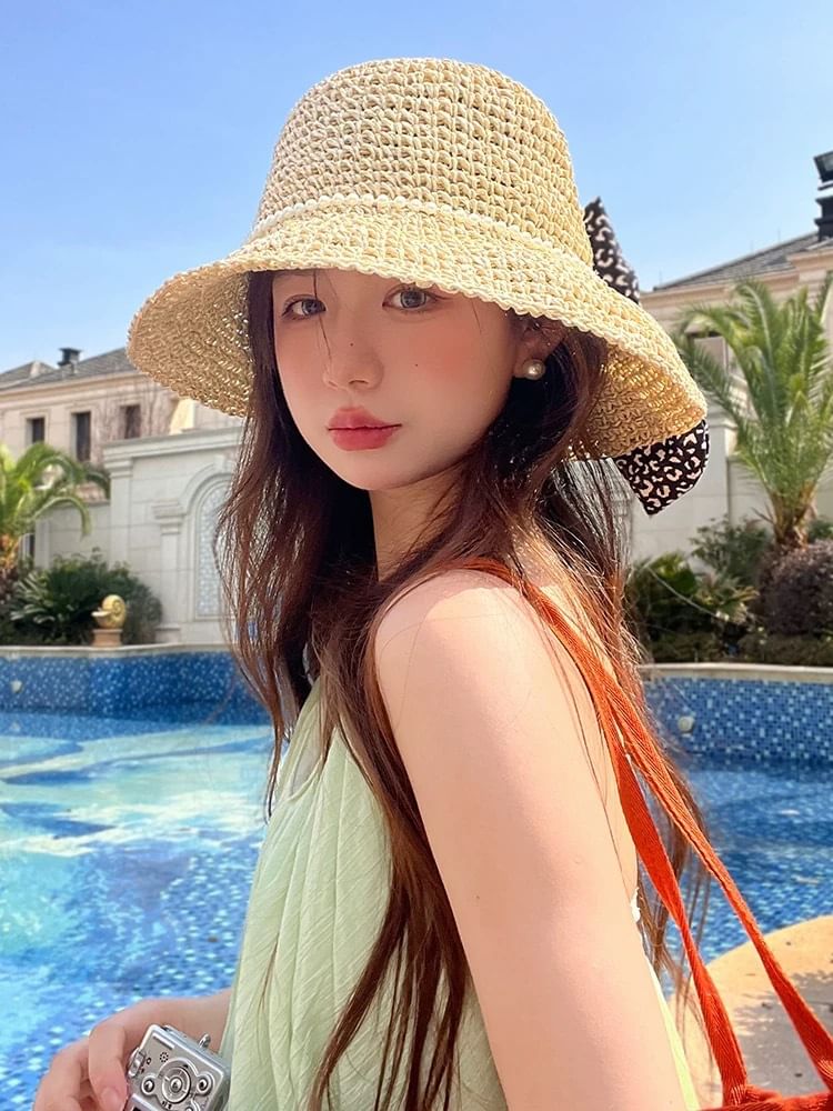 Bow Faux Pearl Straw Bucket Hat