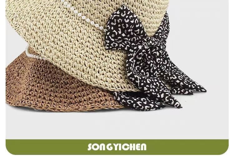 Bow Faux Pearl Straw Bucket Hat