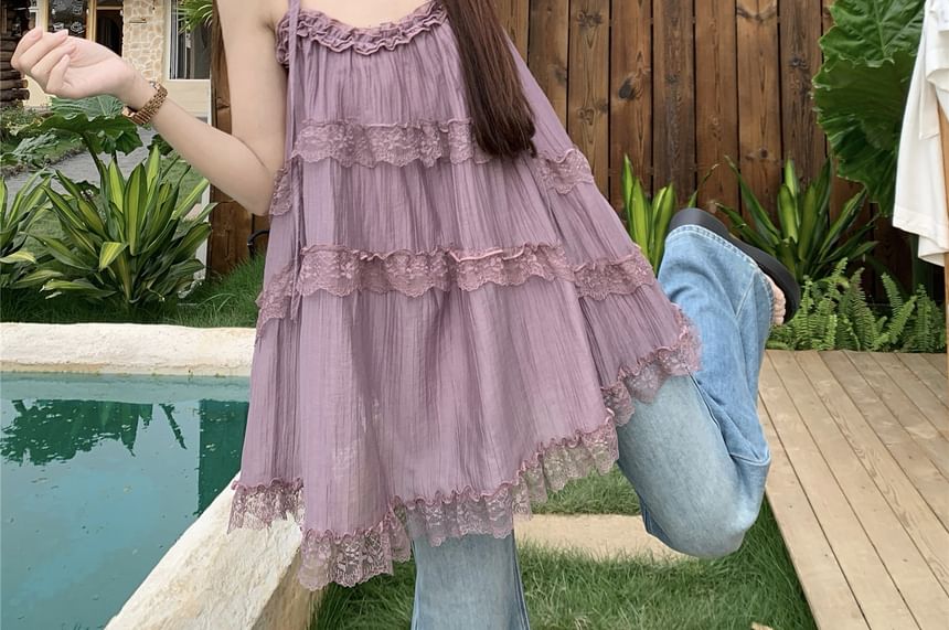 Halter Neck Lace Asymmetrical Flowy Top