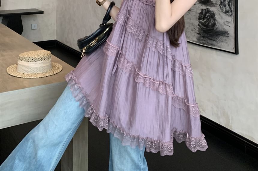 Halter Neck Lace Asymmetrical Flowy Top