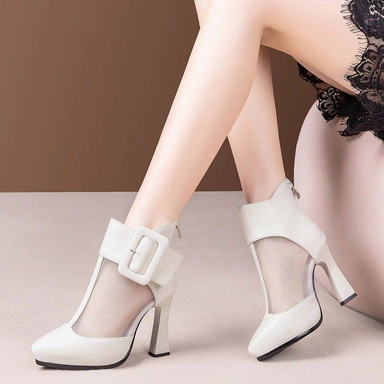 Toe Short Boots Platform Pointed Panel Buckled Mesh