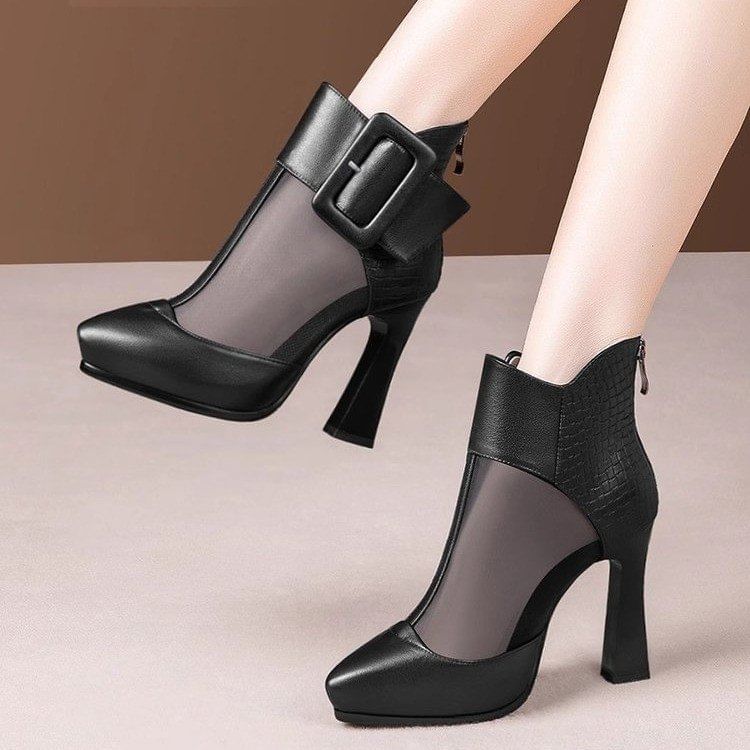Toe Short Boots Platform Pointed Panel Buckled Mesh