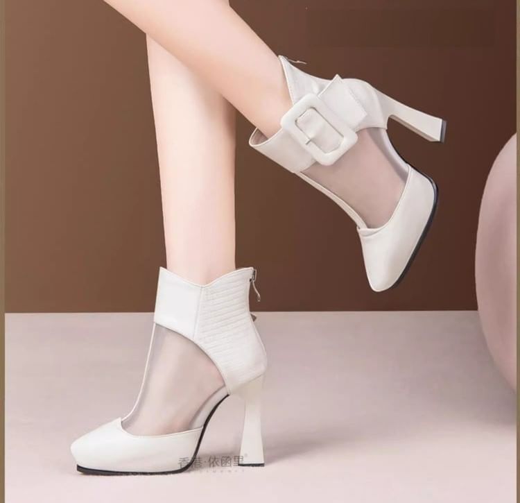 Toe Short Boots Platform Pointed Panel Buckled Mesh