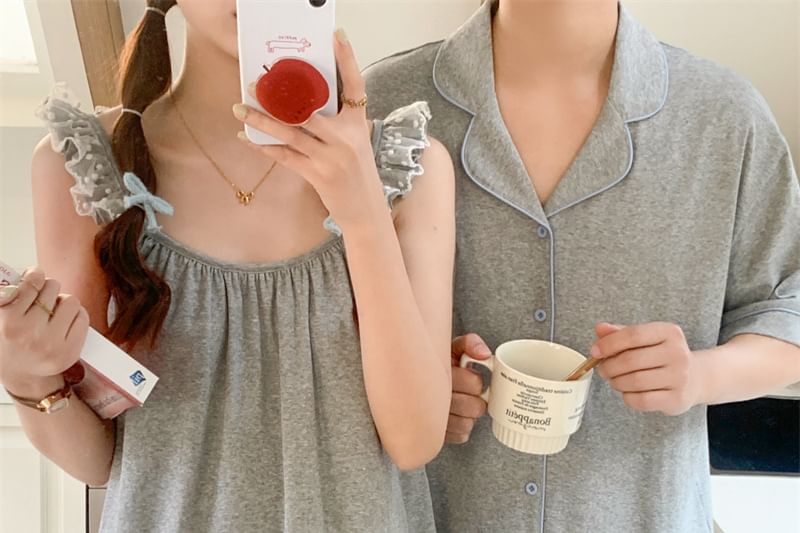 Couple Matching Lapel Pajama Top / Lace Tank / Lounge Shorts Set