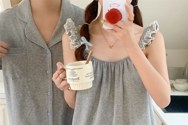 Couple Matching Lapel Pajama Top / Lace Tank / Lounge Shorts Set