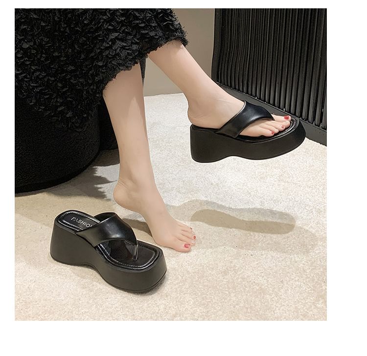 Leather Wedge Faux Platform Plain Flip-Flops