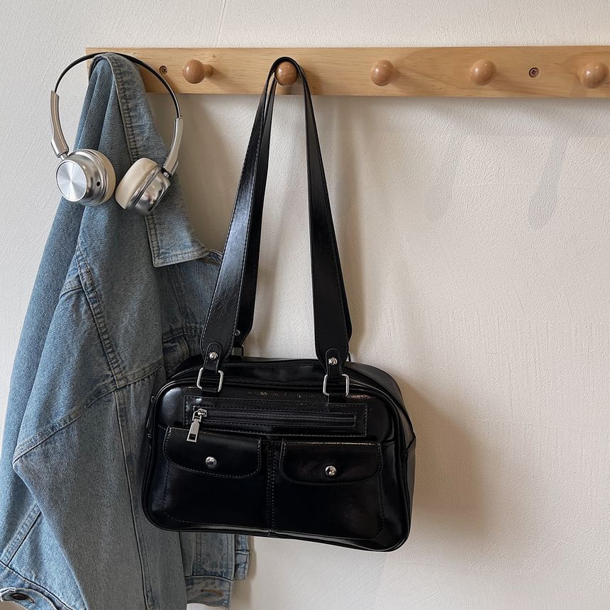 Faux Leather Plain Zip Shoulder Bag