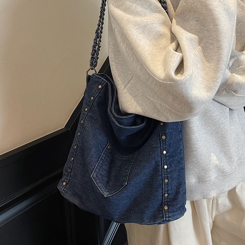 Stud Washed Denim Shoulder Bag