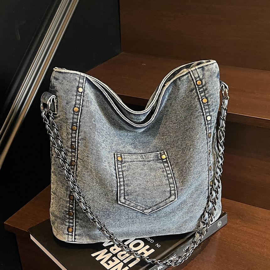 Stud Washed Denim Shoulder Bag