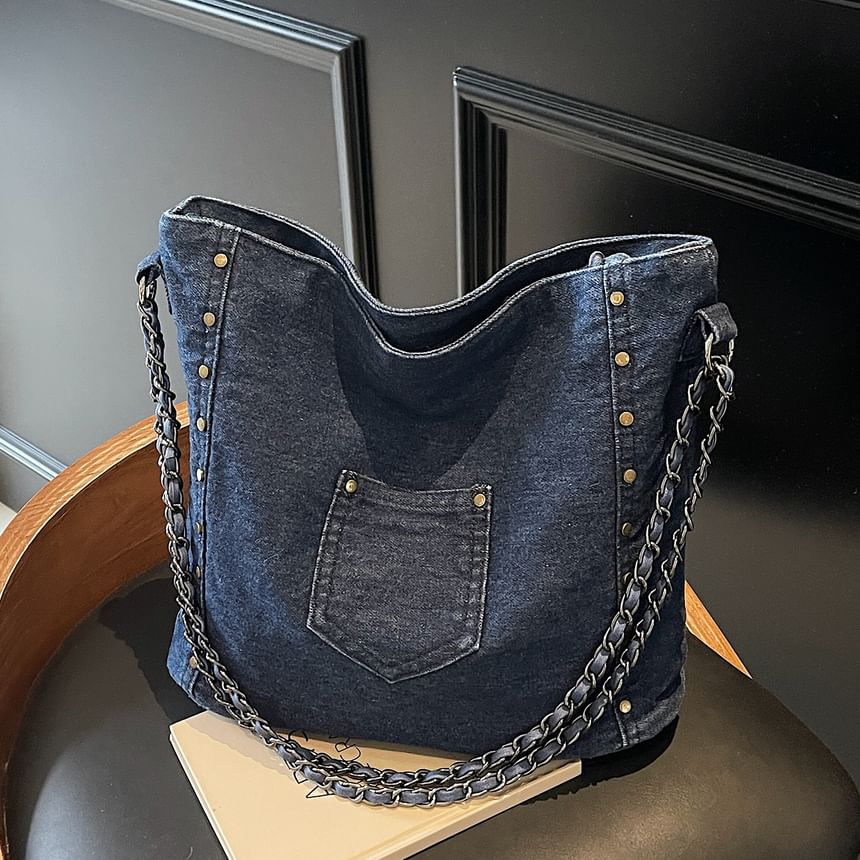 Stud Washed Denim Shoulder Bag