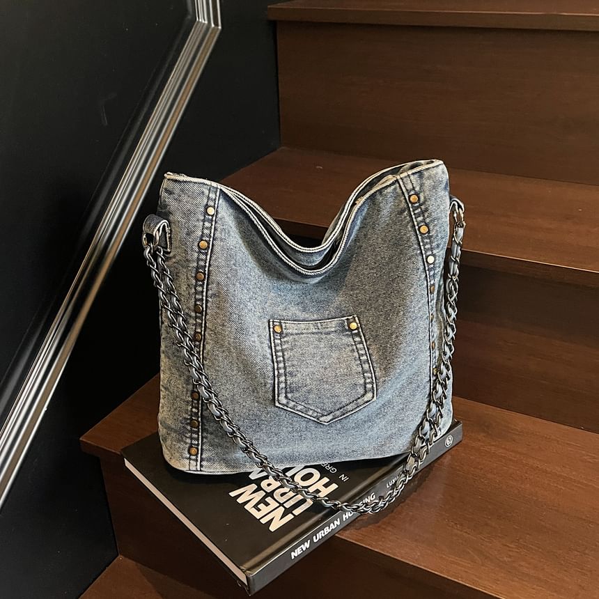Stud Washed Denim Shoulder Bag