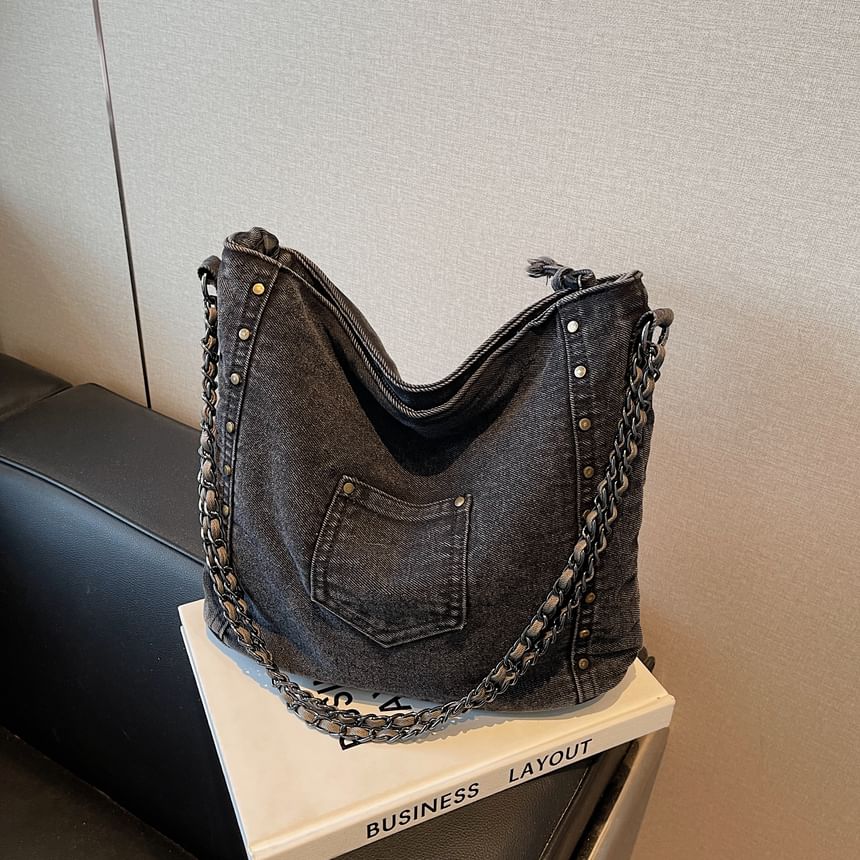 Stud Washed Denim Shoulder Bag