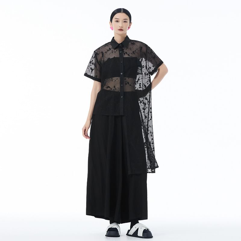 Short Sleeve Lace Asymmetrical Shirt