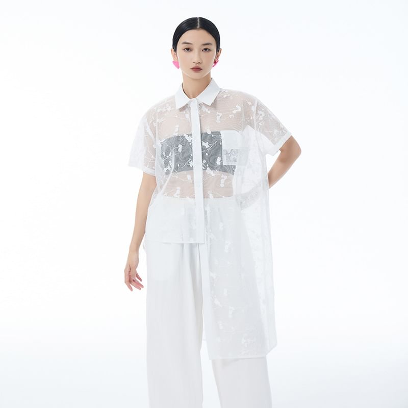 Short Sleeve Lace Asymmetrical Shirt