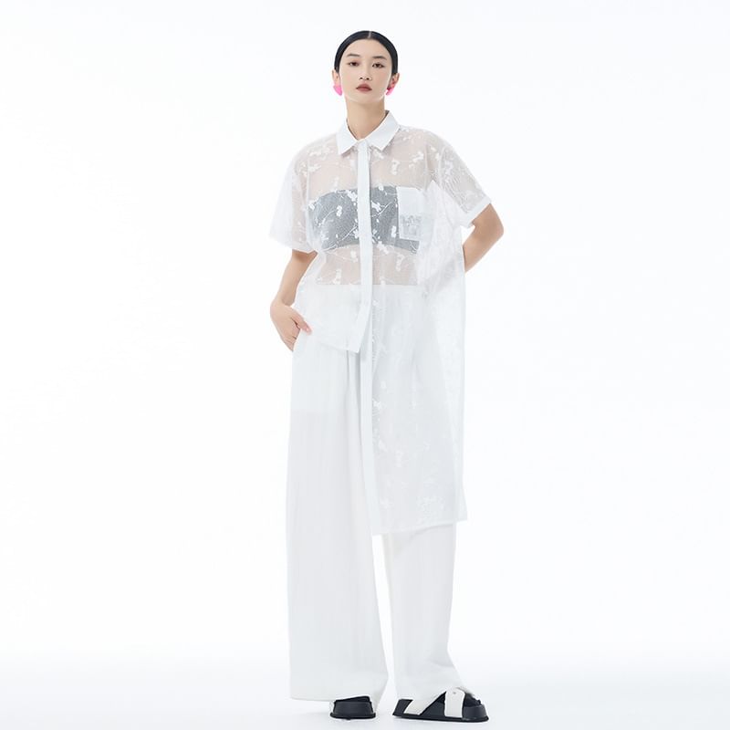 Short Sleeve Lace Asymmetrical Shirt