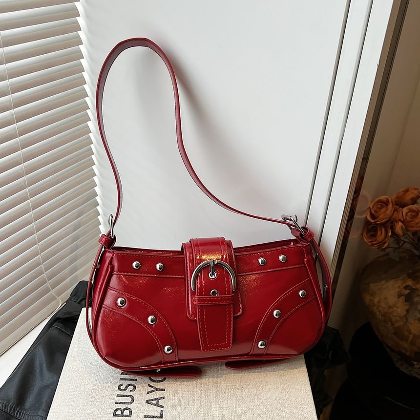 Studded Buckle Panel Shoulder Bag