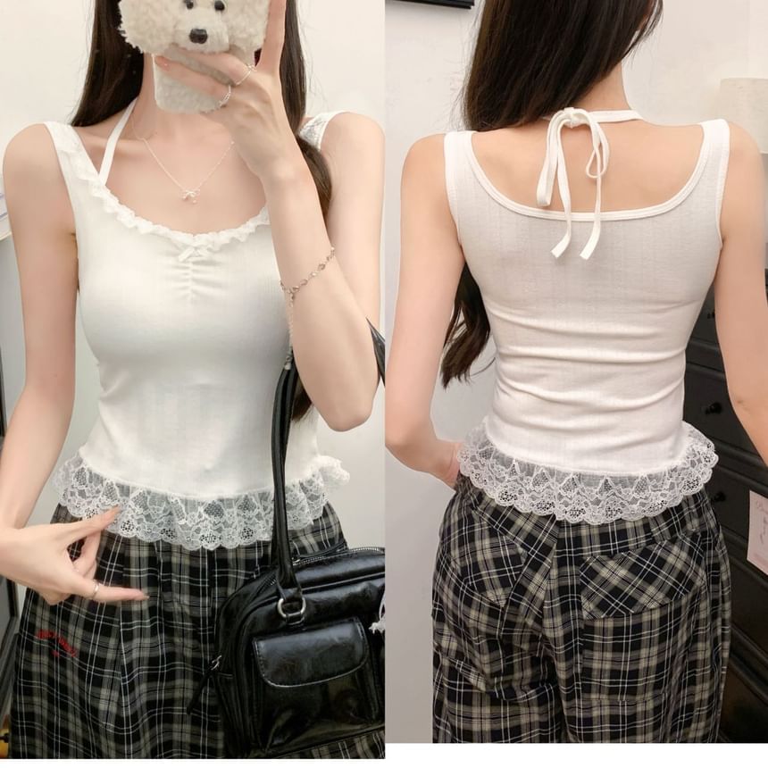 Crew Neck Lace-Trimmed Crop Tank