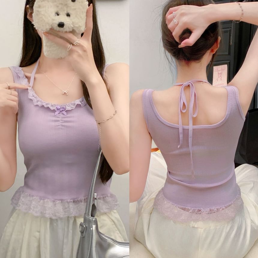 Crew Neck Lace-Trimmed Crop Tank