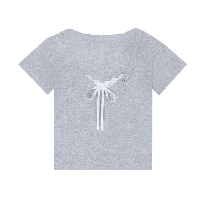 V-Neck Lace Trim Short Sleeve Top