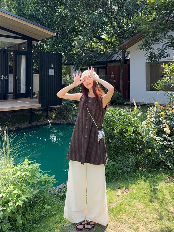 Striped Button-Up Sleeveless Top / High Rise Lace Wide Leg Pants