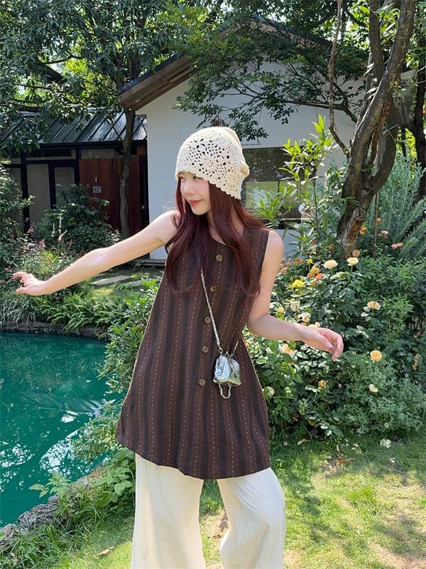 Striped Button-Up Sleeveless Top / High Rise Lace Wide Leg Pants