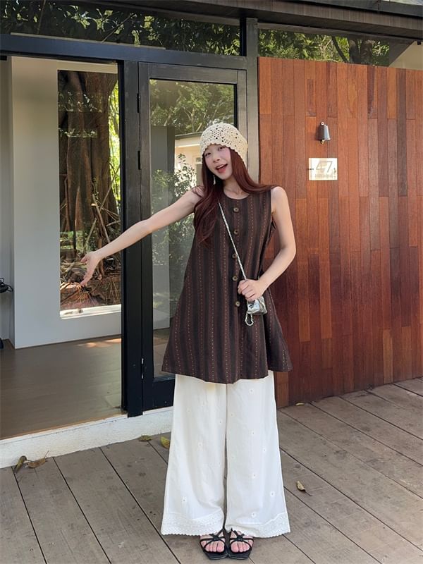 Striped Button-Up Sleeveless Top / High Rise Lace Wide Leg Pants
