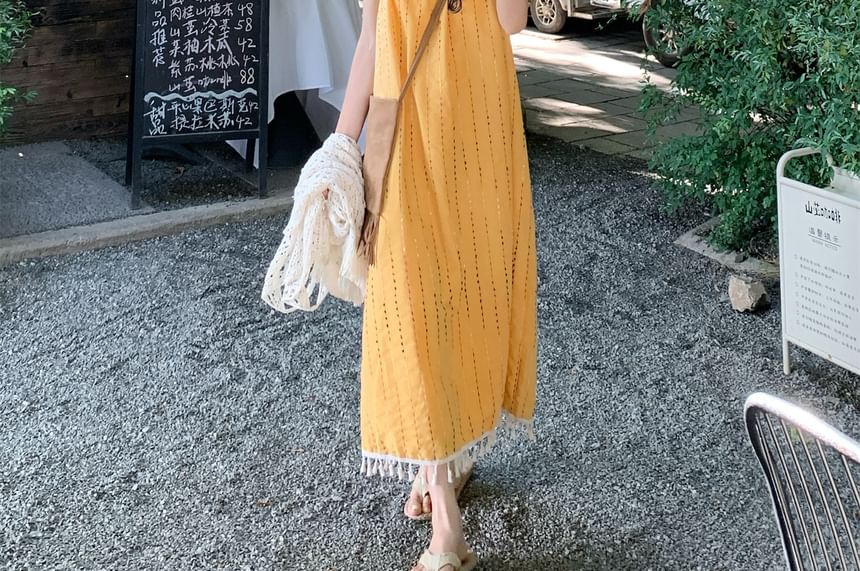 Spaghetti Strap Tassel Midi A-Line Dress / Crochet Lace Tank / Belt Set
