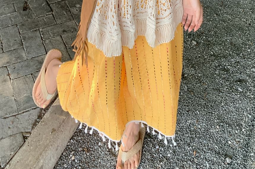 Spaghetti Strap Tassel Midi A-Line Dress / Crochet Lace Tank / Belt Set
