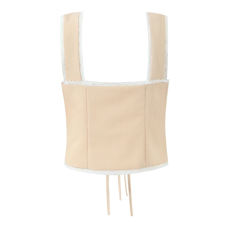 Pintuck Lace Trim Crop Tie Front Tank Top
