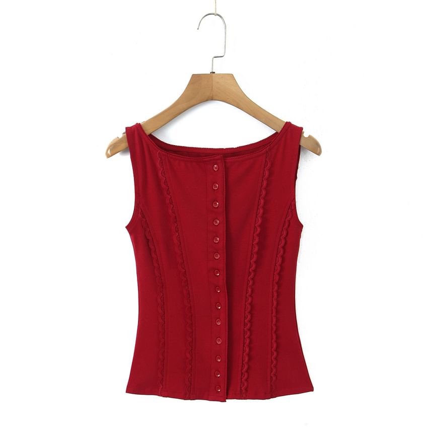 Crew Neck Lace Trim Button-Up Plain Crop Tank
