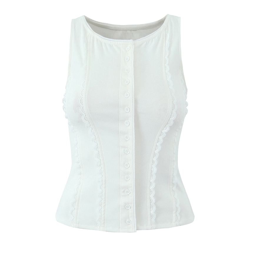 Crew Neck Lace Trim Button-Up Plain Crop Tank