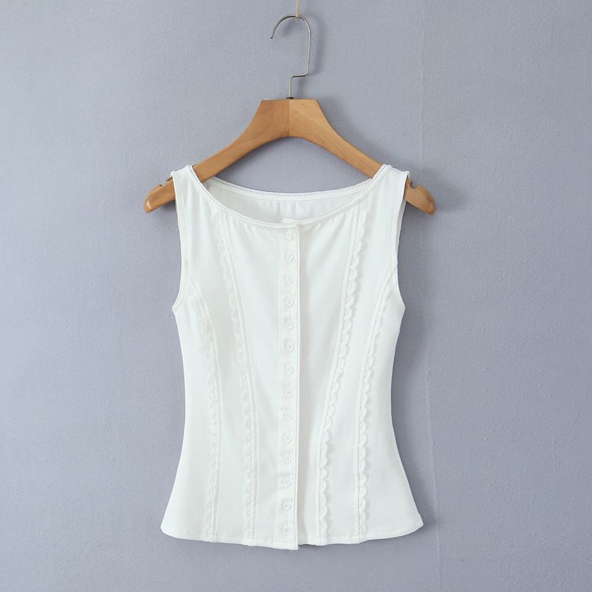 Crew Neck Lace Trim Button-Up Plain Crop Tank