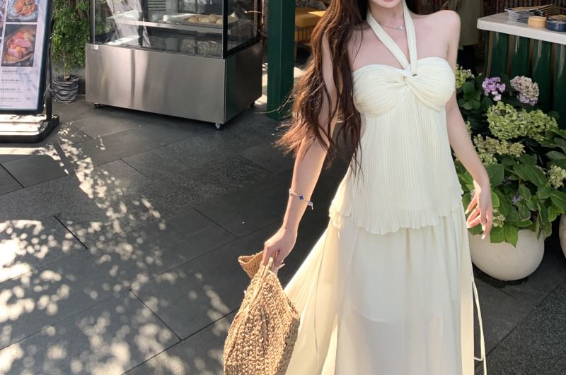 Halter Knotted Tank & Slit Maxi Skirt Combo