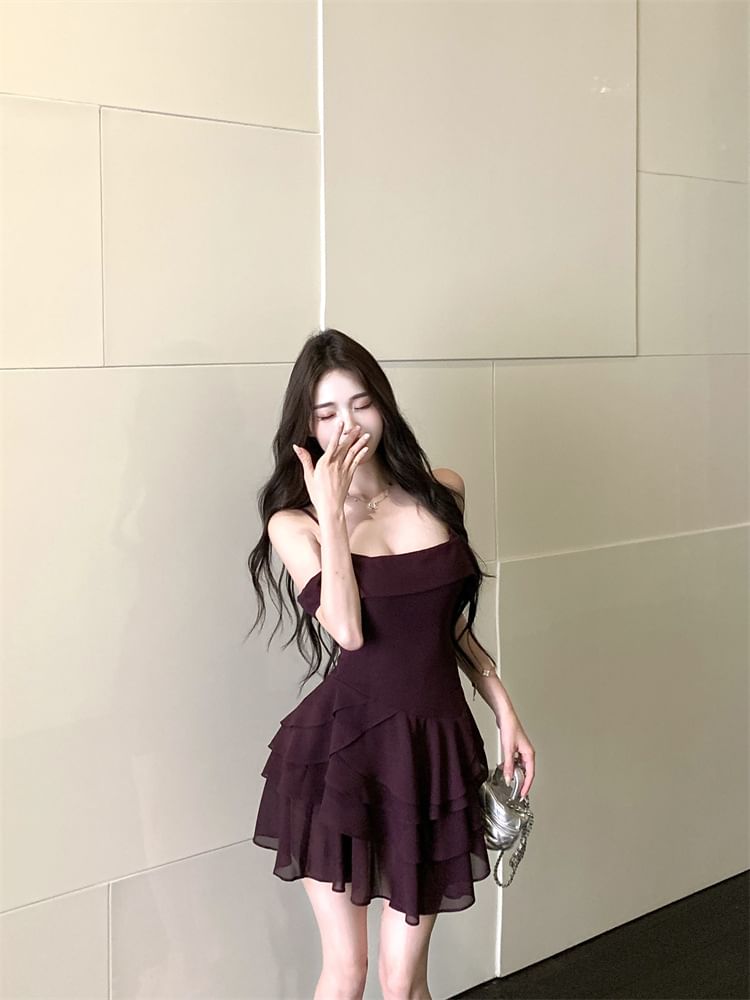 Spaghetti Strap Plain Tiered Mini A-Line Dress