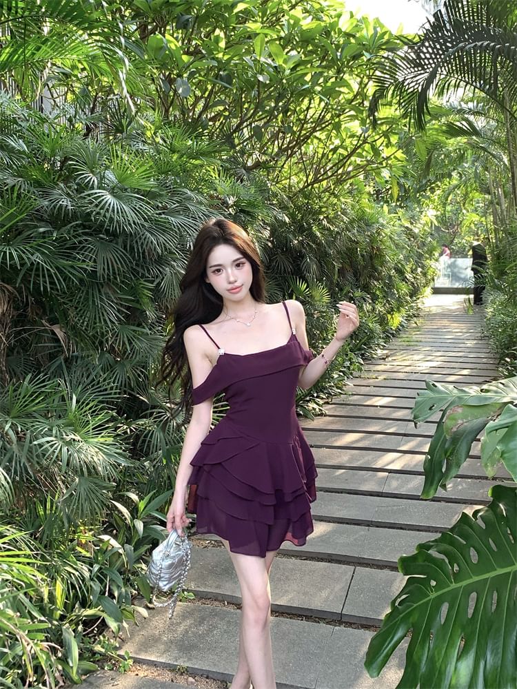 Spaghetti Strap Plain Tiered Mini A-Line Dress