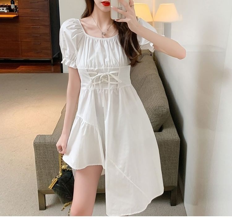 Square Dress Short-Sleeve Neck Asymmetrical Plain A-Line