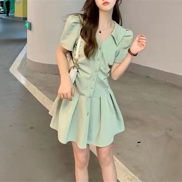 V-Neck Button-Up Mini Short-Sleeve Dress A-Line Plain