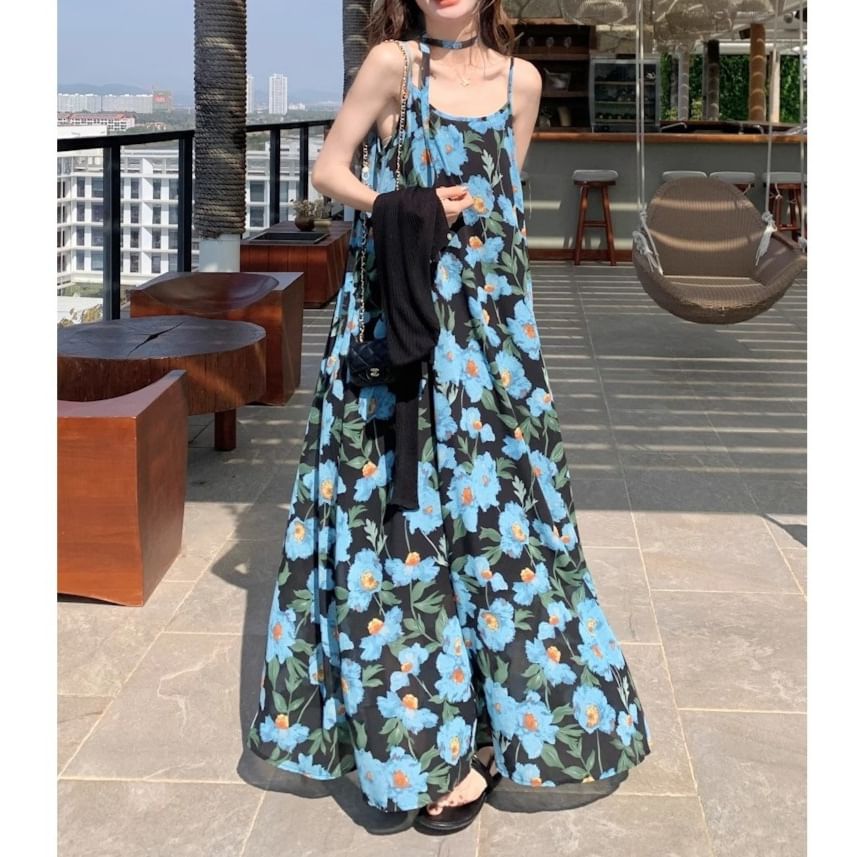 Print Dress Strap Neck Floral Spaghetti Scoop A-Line Maxi