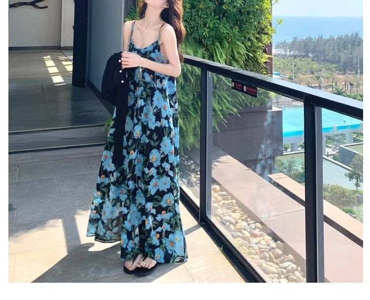 Print Dress Strap Neck Floral Spaghetti Scoop A-Line Maxi