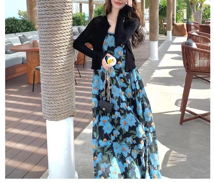 Print Dress Strap Neck Floral Spaghetti Scoop A-Line Maxi